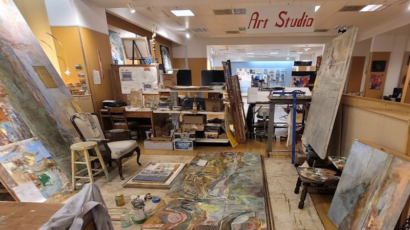 The Rockafairy art studio with easels and works in progress
